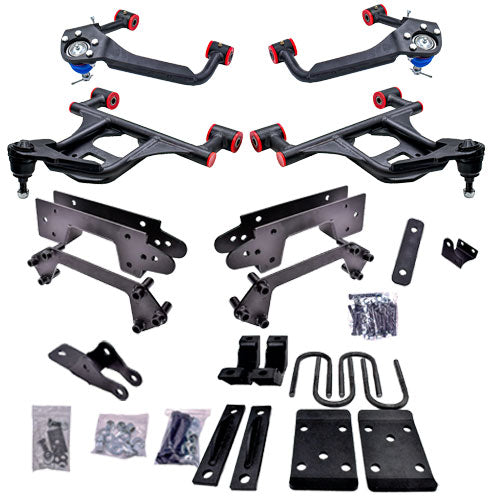 2019-2023 Chevy Silverado/Sierra 4 inch Front / 6 inch Rear Complete Lowering Kit 2019 – 2025 Chevy Silverado / Sierra Complete 3 inch Front / 6 inch Rear Lowering Kit (Shocks Included)